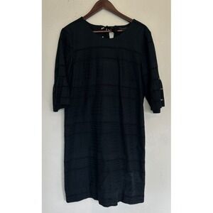 J.Crew Shift Dress 10 Black Eyelet Lace Bell Sleeve Tie Classic L Minimal Casual